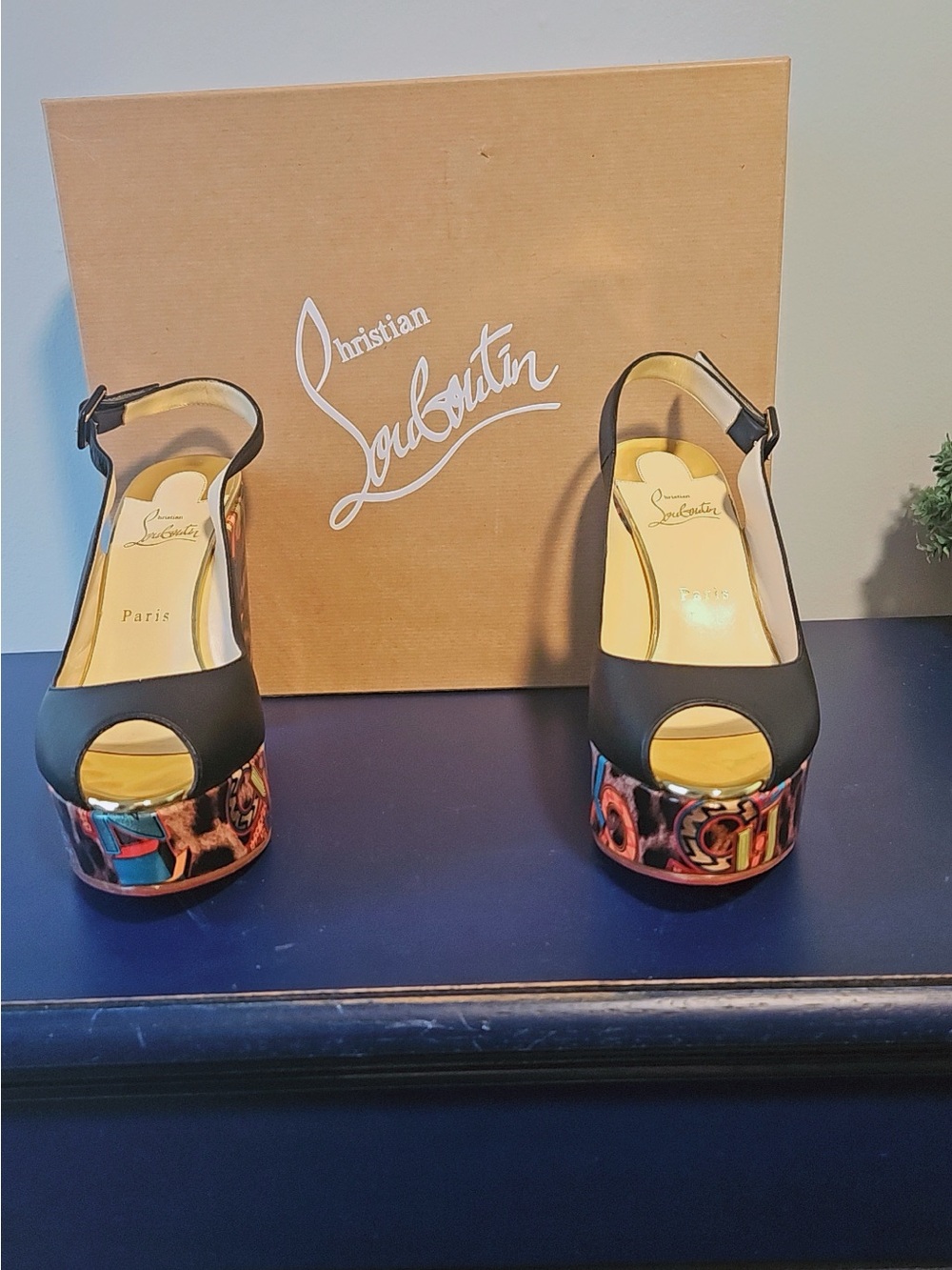 Christian Louboutin Black and Multicolor Platform Peep-Toe Sandals